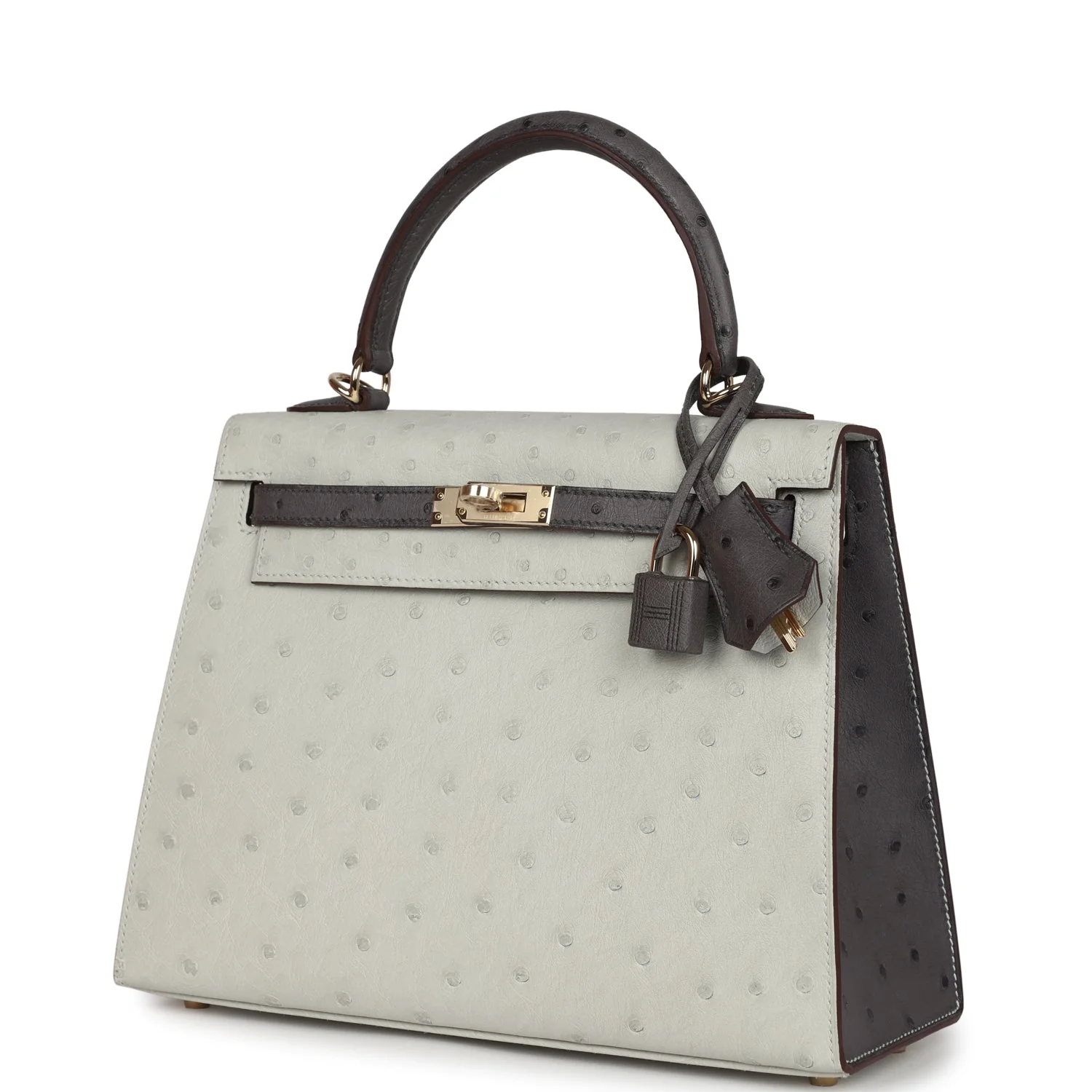 Replicate Hermes Special Order (HSS) Kelly Sellier 25 Gris Perle and Graphite Ostrich Permabrass Hardware(1:1 replica)