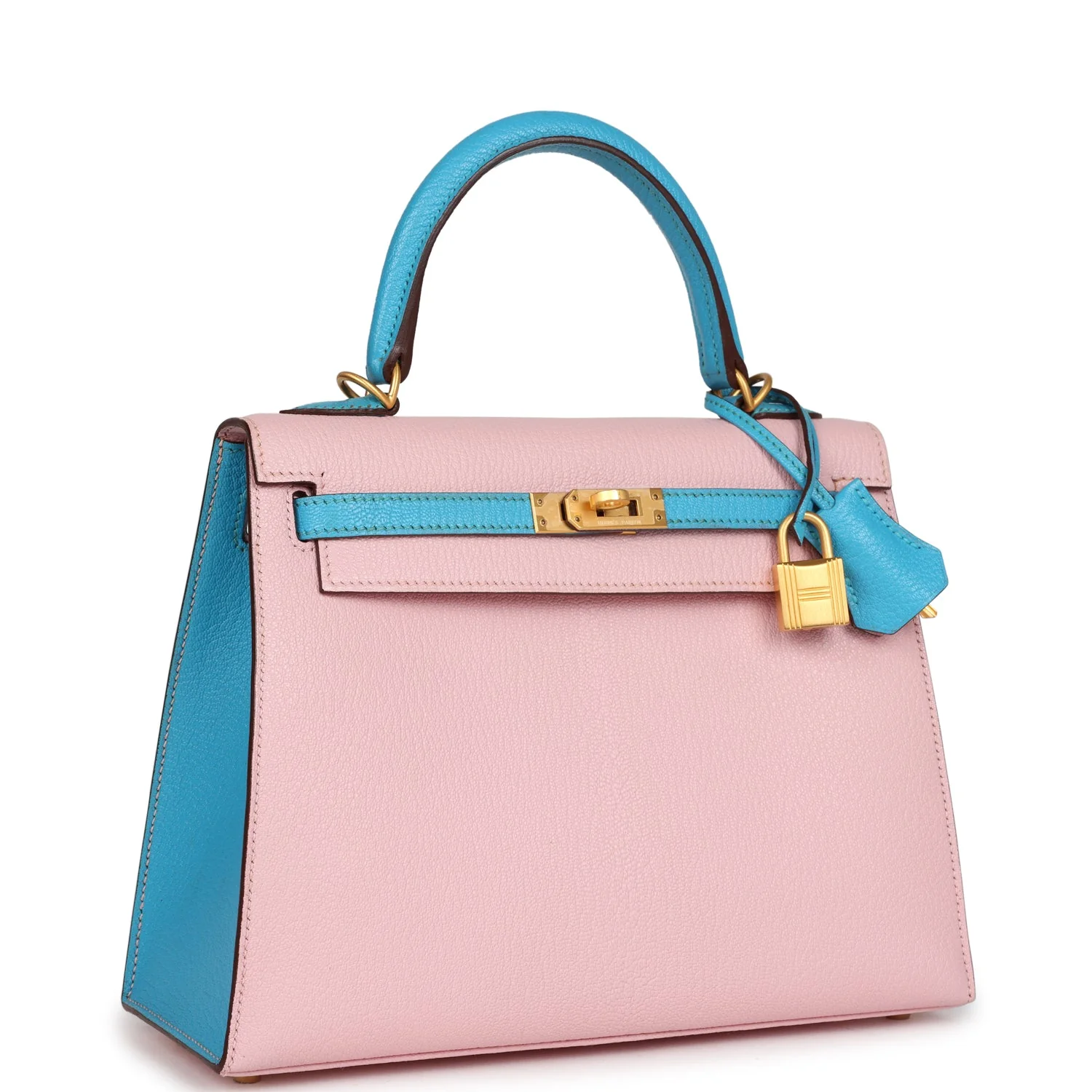 Replicate Hermes Special Order (HSS) Kelly Sellier 25 Rose Sakura and Bleu Aztec Chevre Brushed Gold Hardware(1:1 replica)