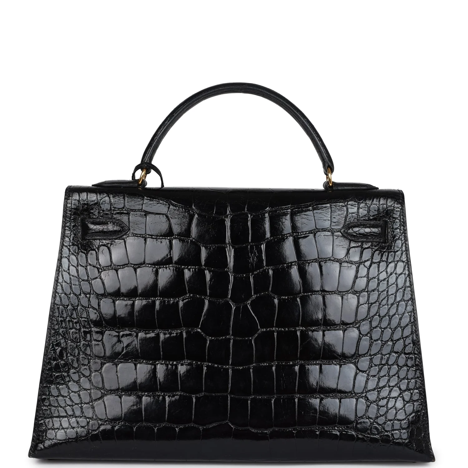 Replicate Vintage Hermes Kelly Sellier 32 Black Shiny Alligator Gold Hardware(1:1 replica)