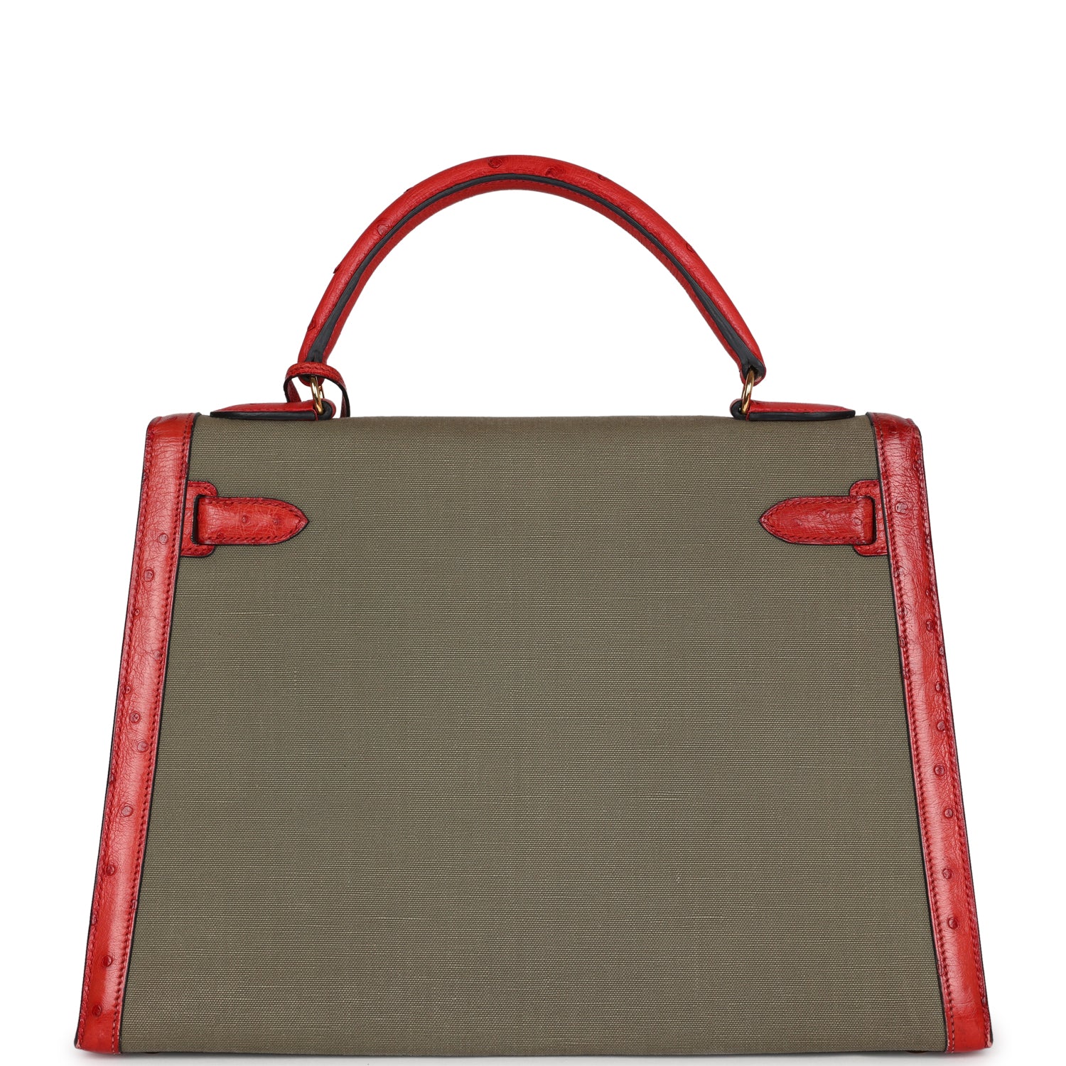 Replicate Vintage Hermes Kelly Sellier 32 Rouge Vif Ostrich and Vert Olive Officier Canvas Gold Hardware(1:1 replica)