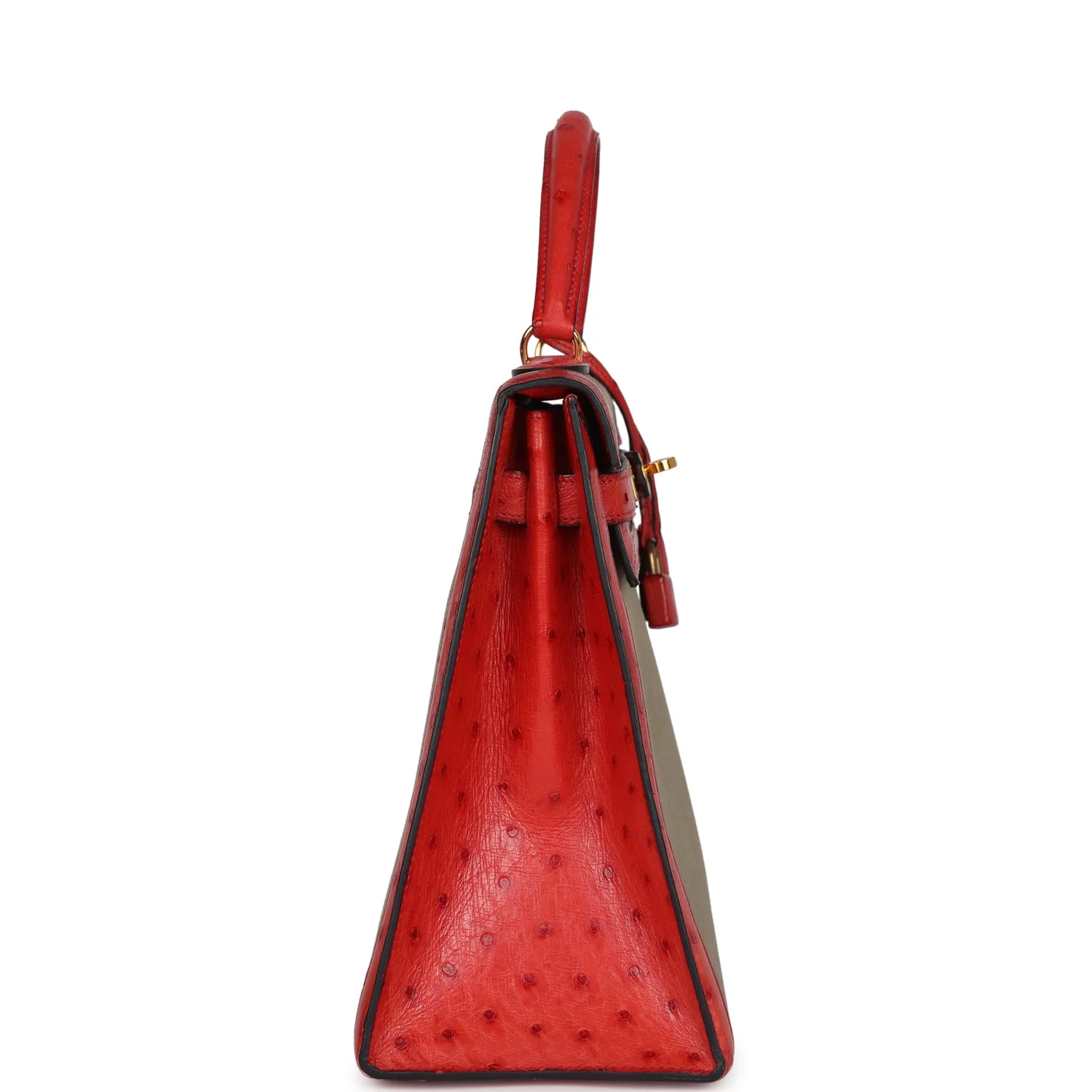 Replicate Vintage Hermes Kelly Sellier 32 Rouge Vif Ostrich and Vert Olive Officier Canvas Gold Hardware(1:1 replica)