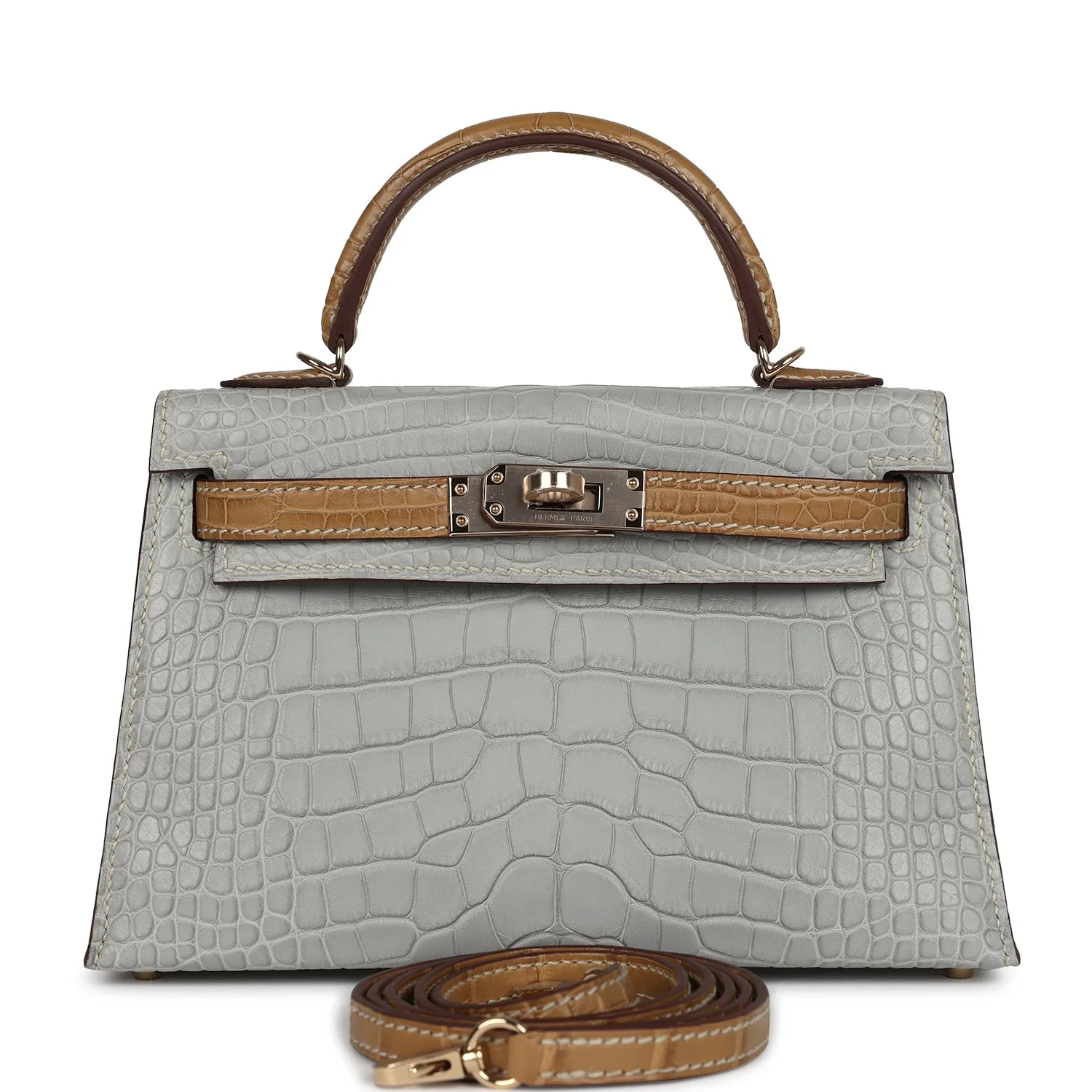 Replicate Hermes Special Order (HSS) Kelly Sellier 20 Gris Perle and Kraft Matte Alligator Permabrass Hardware(1:1 replica)