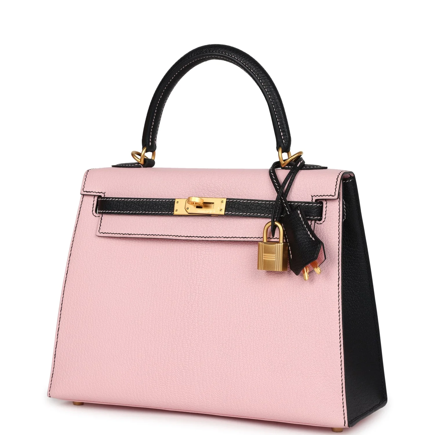 Replicate Hermes Special Order (HSS) Kelly Sellier 25 Rose Sakura and Black Chevre Mysore Brushed Gold Hardware(1:1 replica)