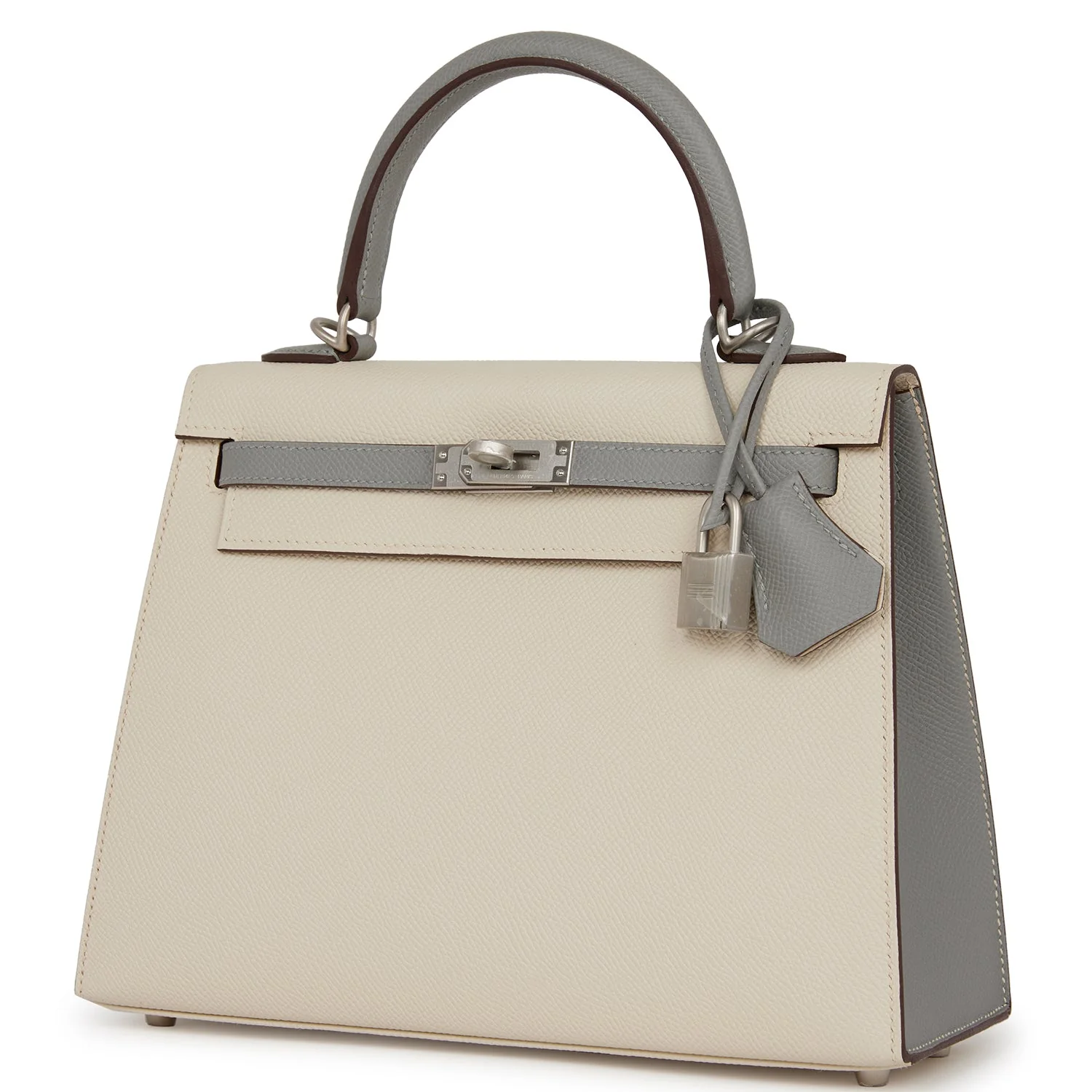 Replicate Hermes Special Order (HSS) Kelly Sellier 25 Craie and Gris Mouette Epsom Brushed Palladium Hardware(1:1 replica)