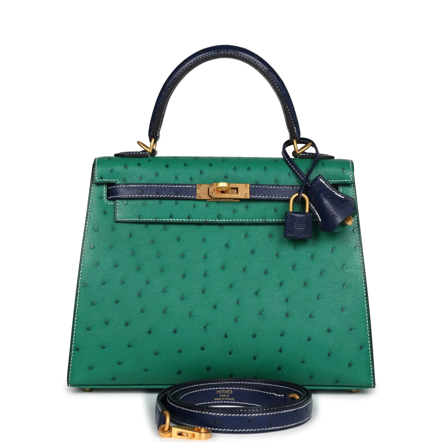 Replicate Hermes Special Order (HSS) Kelly Sellier 25 Vert Vertigo and Bleu Iris Ostrich Brushed Gold Hardware(1:1 replica)