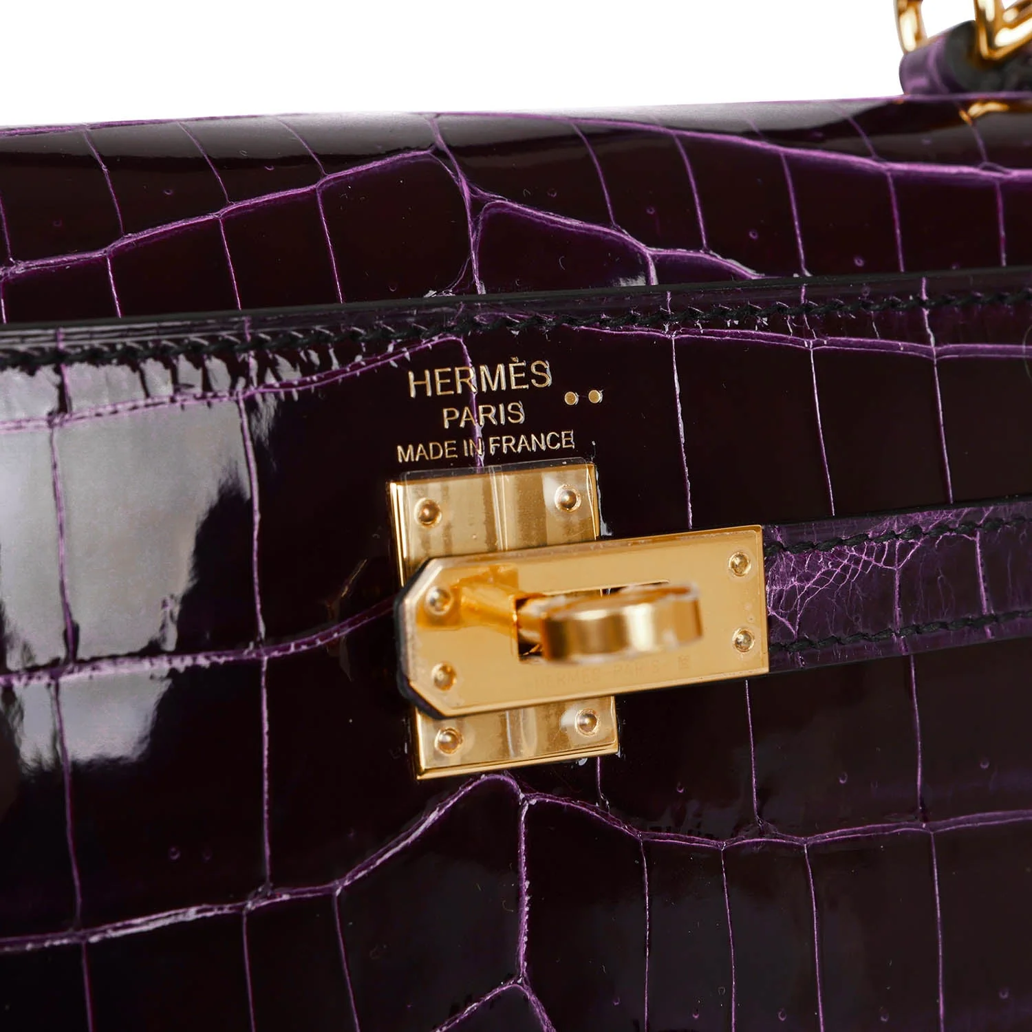 Replicate Hermes Kelly Sellier 25 Aubergine Shiny Niloticus Crocodile Gold Hardware(1:1 replica)