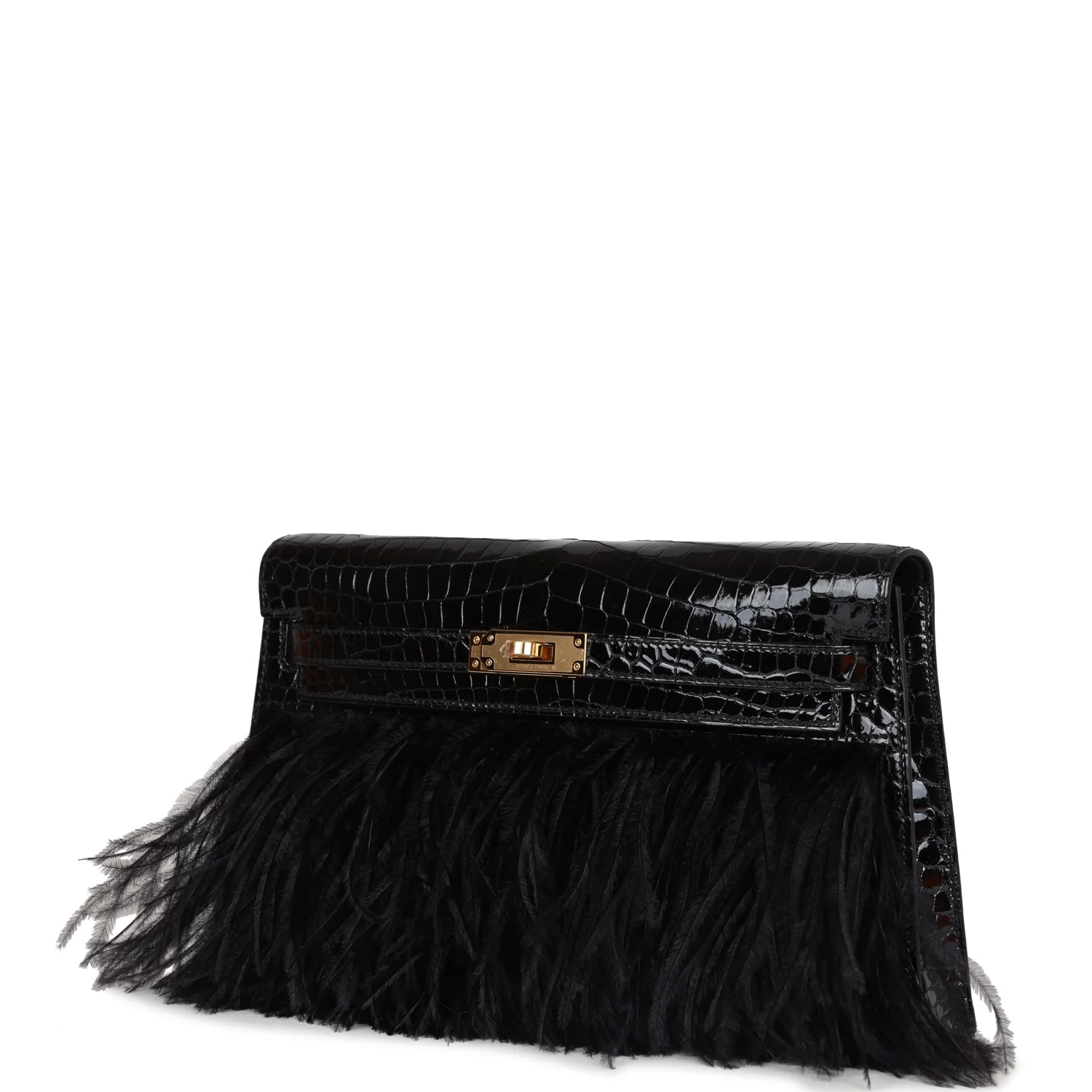 Replicate Hermes Kelly Elan Foile Black Shiny Porosus Crocodile and Ostrich Feather Gold Hardware(1:1 replica)