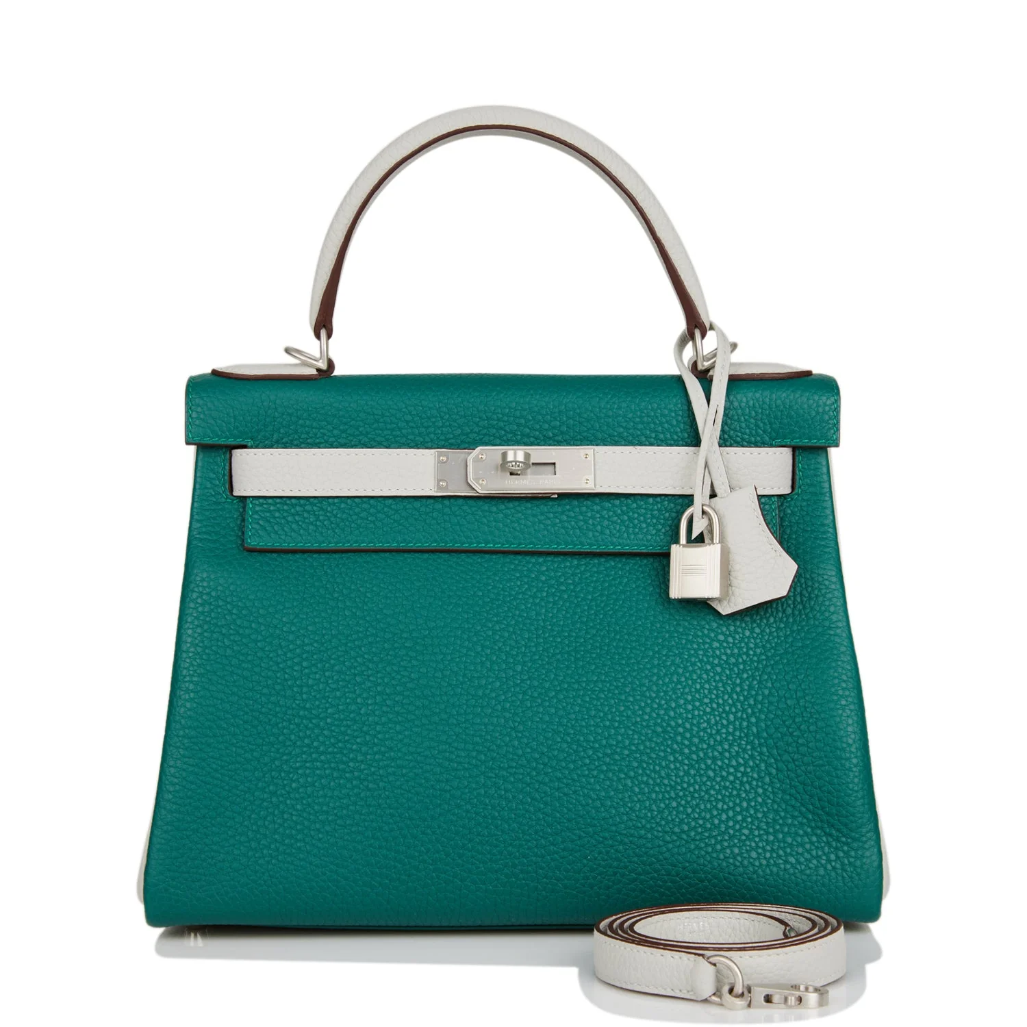 Replicate Hermes Special Order (HSS) Kelly Retourne 28 Malachite and Gris Perle Clemence Brushed Palladium Hardware(1:1 replica)