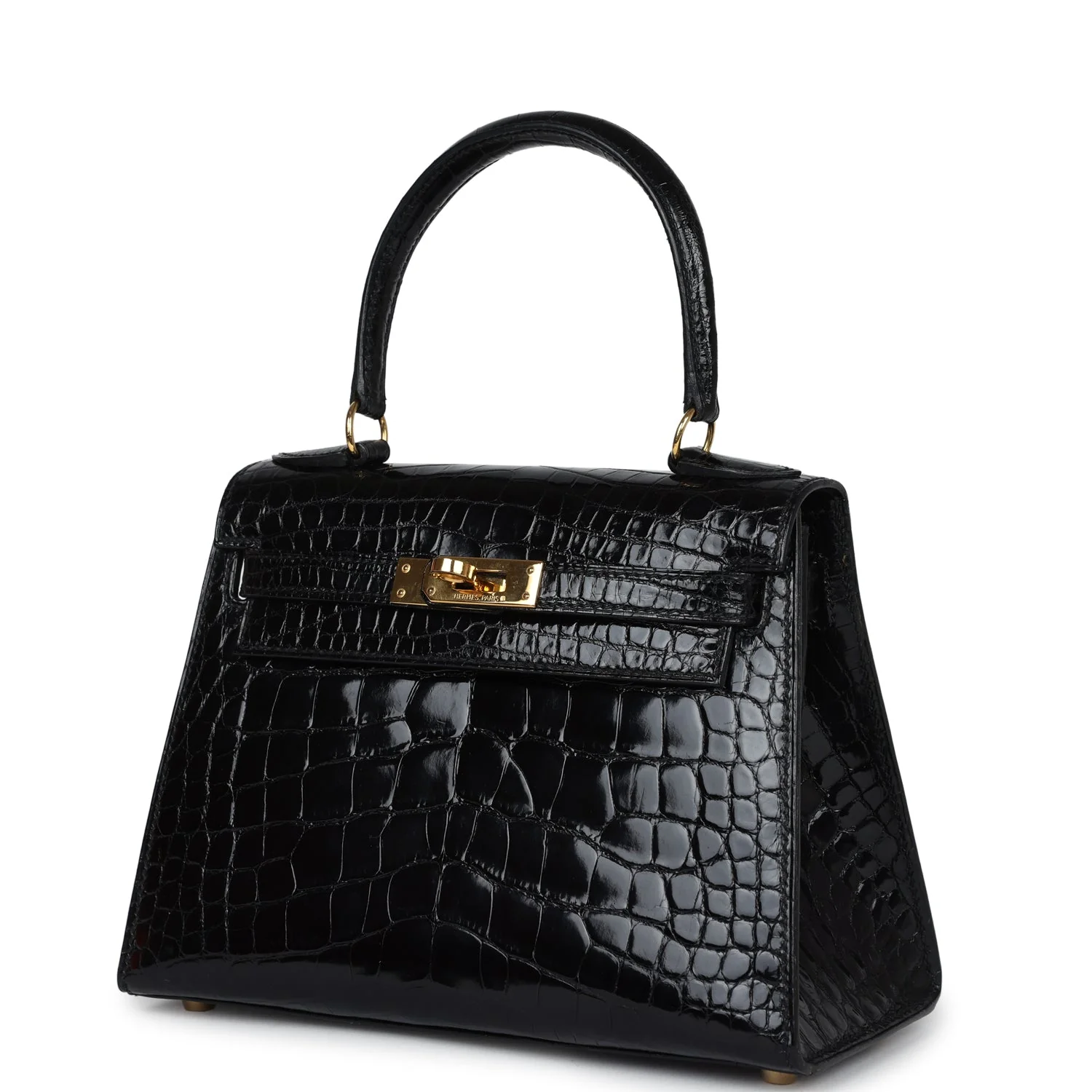 Replicate Vintage Hermes Kelly Sellier 20 Black Shiny Alligator Gold Hardware(1:1 replica)