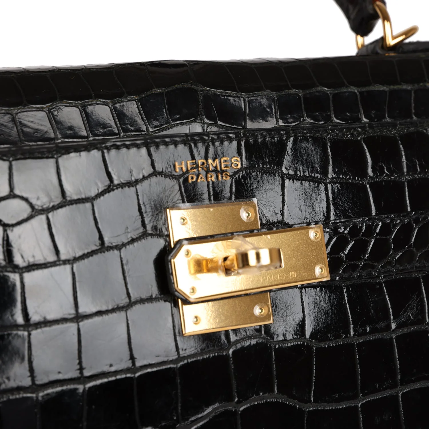 Replicate Vintage Hermes Kelly Sellier 32 Black Shiny Porosus Crocodile Gold Hardware(1:1 replica)