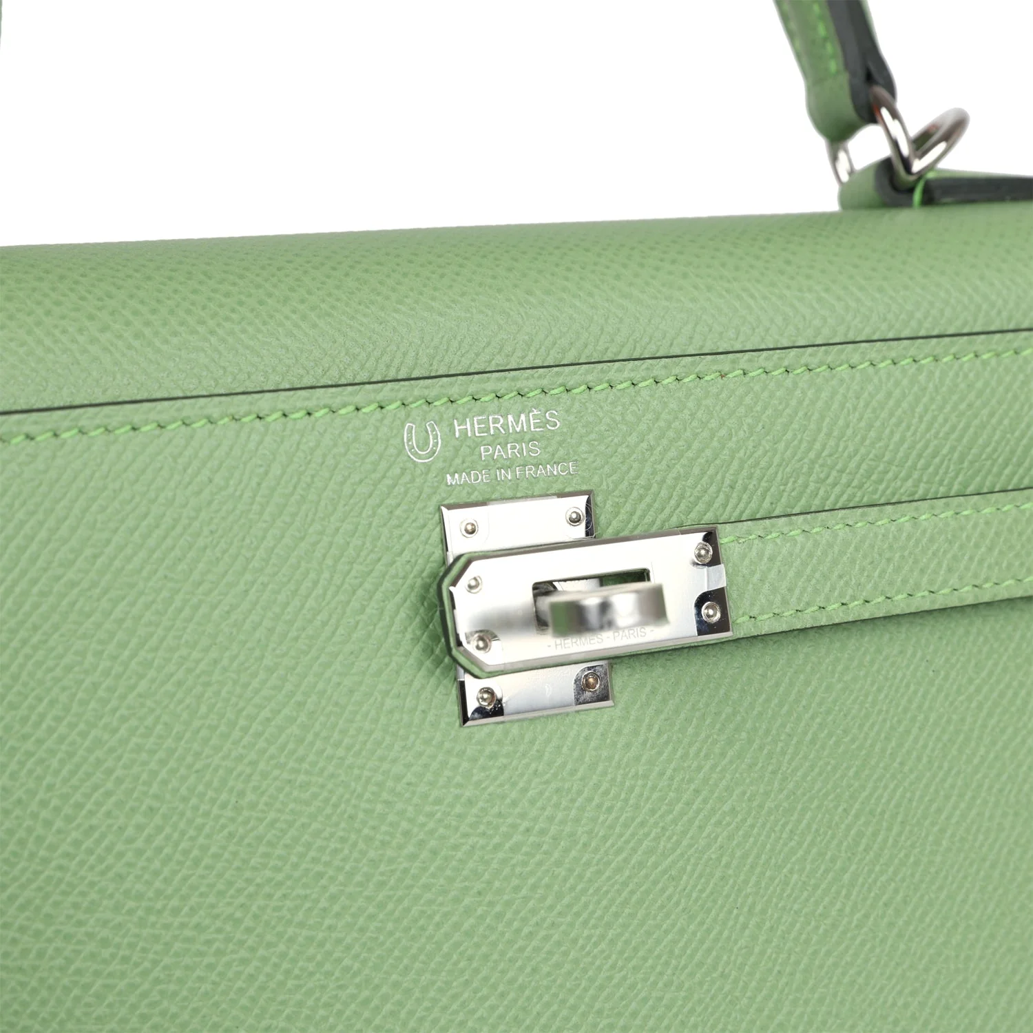 Replicate Hermes Special Order (HSS) Kelly Sellier 25 Vert Criquet Verso Epsom Palladium Hardware(1:1 replica)