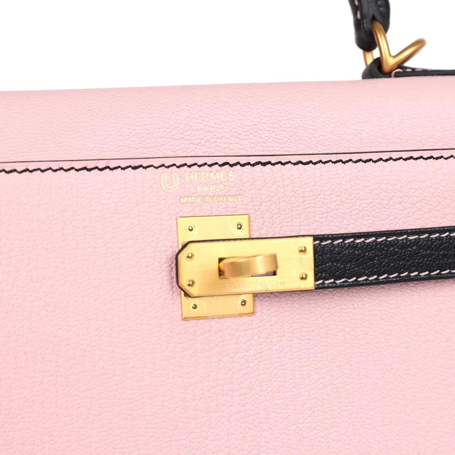 Replicate Hermes Special Order (HSS) Kelly Sellier 25 Rose Sakura and Black Chevre Mysore Brushed Gold Hardware(1:1 replica)