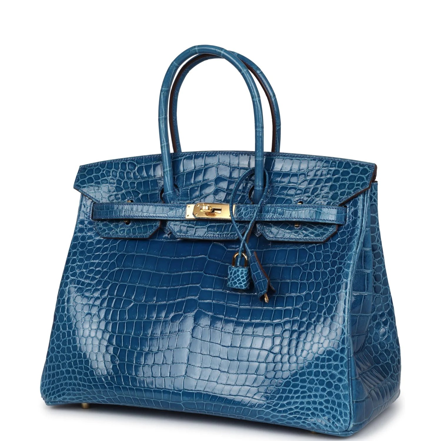 Replicate Hermes Birkin 35 Bleu Mykonos Shiny Porosus Crocodile Gold Hardware(1:1 replica)