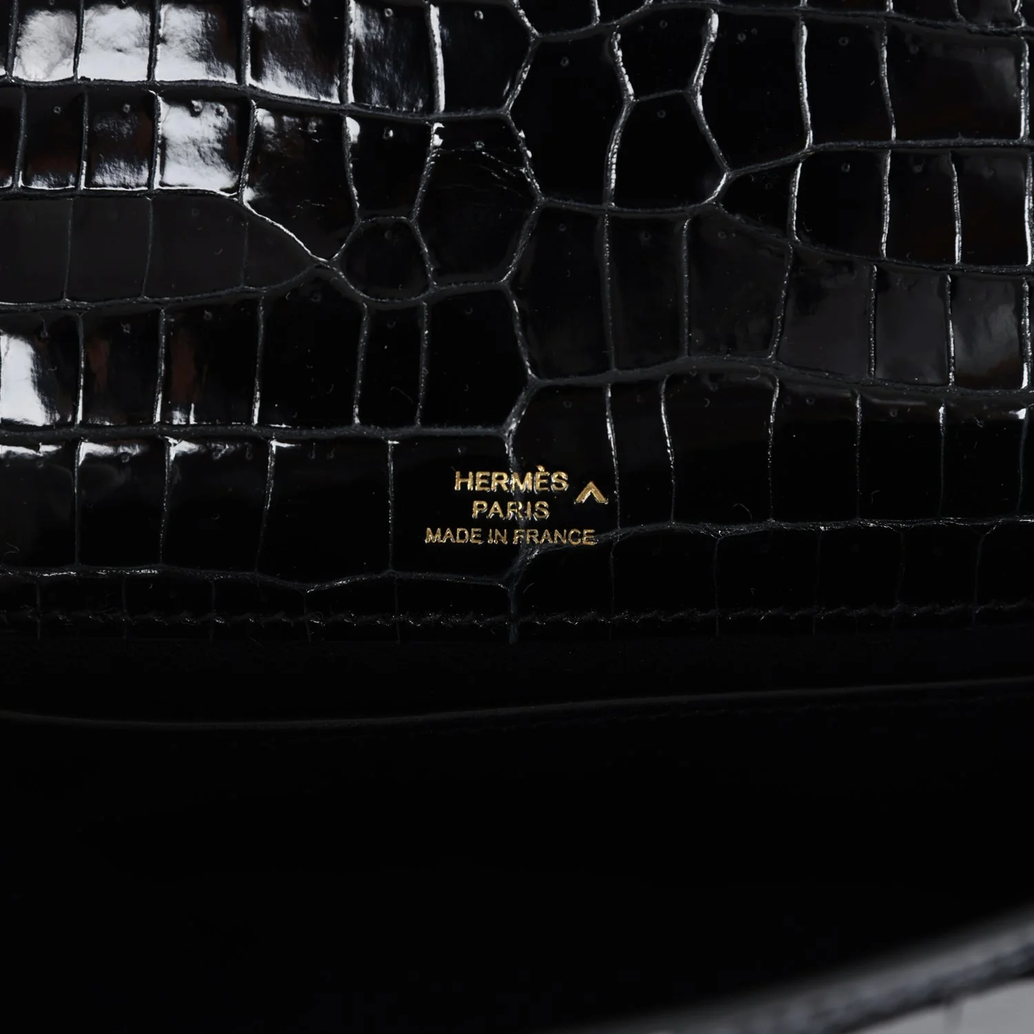 Replicate Hermes Kelly Pochette Black Shiny Porosus Crocodile Gold Hardware(1:1 replica)