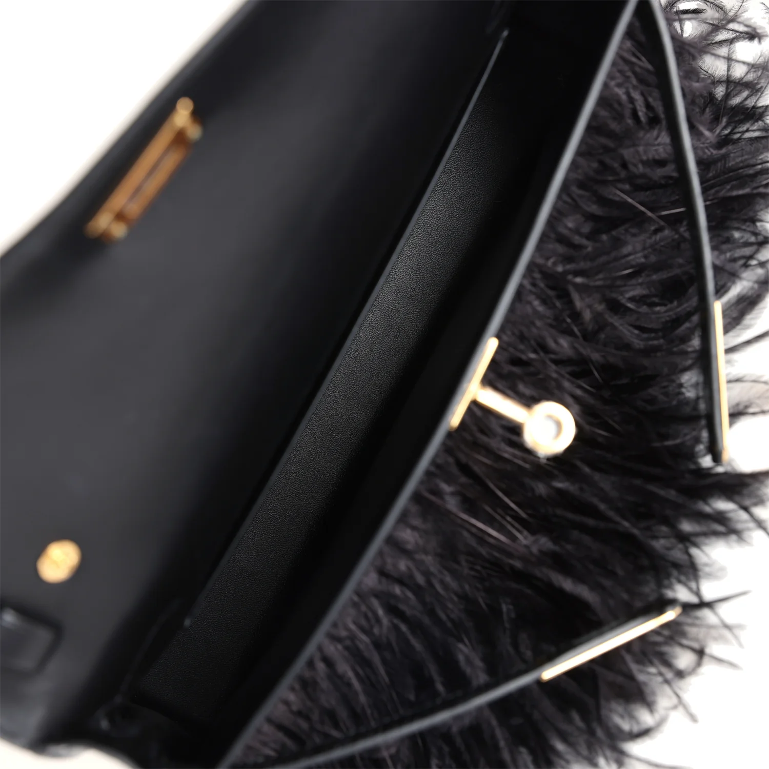 Replicate Hermes Kelly Elan Foile Black Shiny Porosus Crocodile and Ostrich Feather Gold Hardware(1:1 replica)