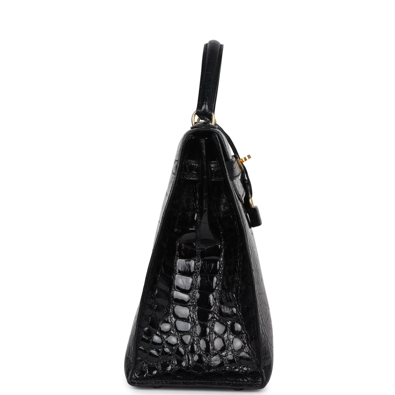 Replicate Vintage Hermes Kelly Sellier 32 Black Shiny Alligator Gold Hardware(1:1 replica)