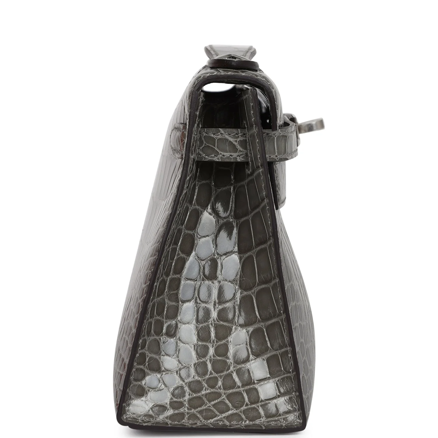 Replicate Hermes Kelly Pochette Gris Ciment Shiny Alligator Palladium Hardware(1:1 replica)
