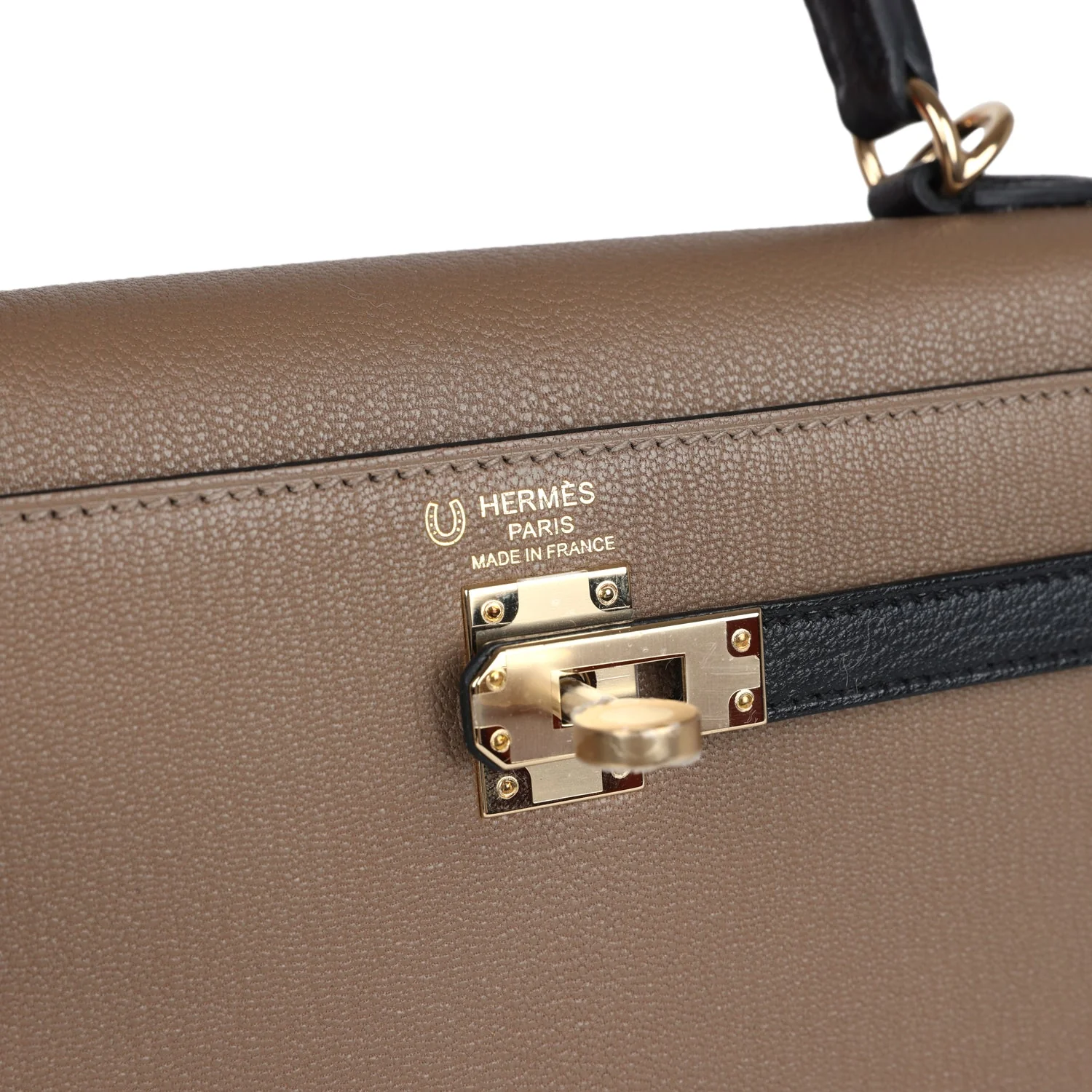 Replicate Hermes Special Order (HSS) Kelly Sellier 25 Black and Etoupe Chevre Mysore Permabrass Hardware(1:1 replica)