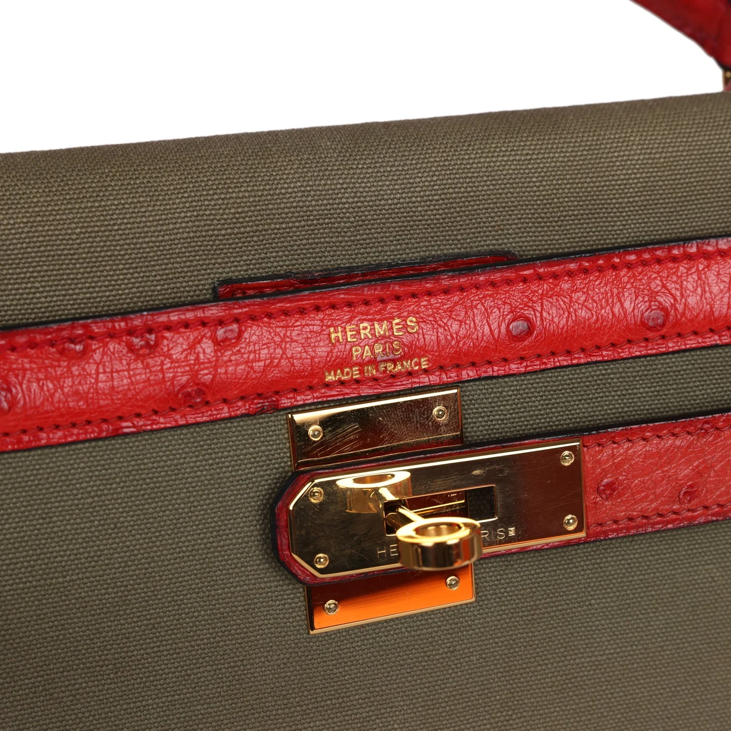 Replicate Vintage Hermes Kelly Sellier 32 Rouge Vif Ostrich and Vert Olive Officier Canvas Gold Hardware(1:1 replica)
