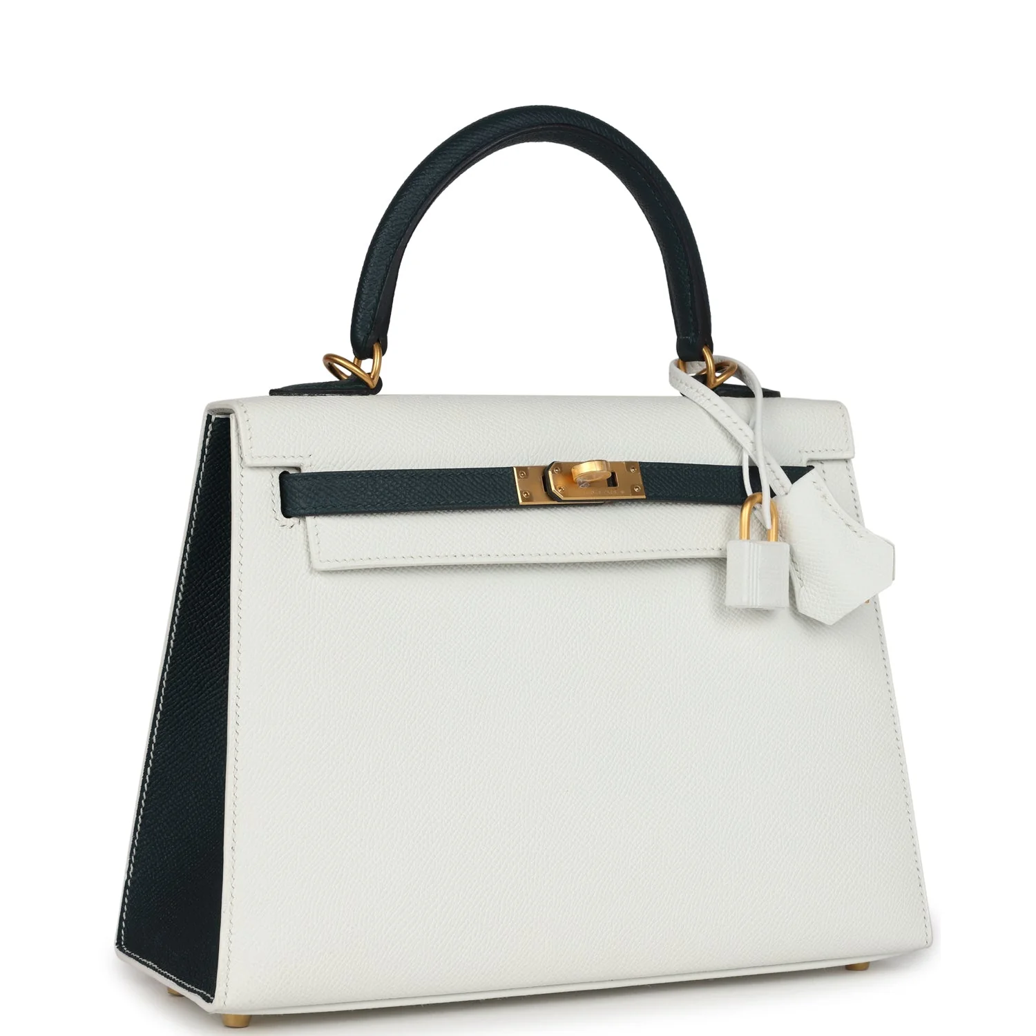 Replicate Hermes Special Order (HSS) Kelly Sellier 25 White and Vert Cypress Epsom Brushed Gold Hardware(1:1 replica)