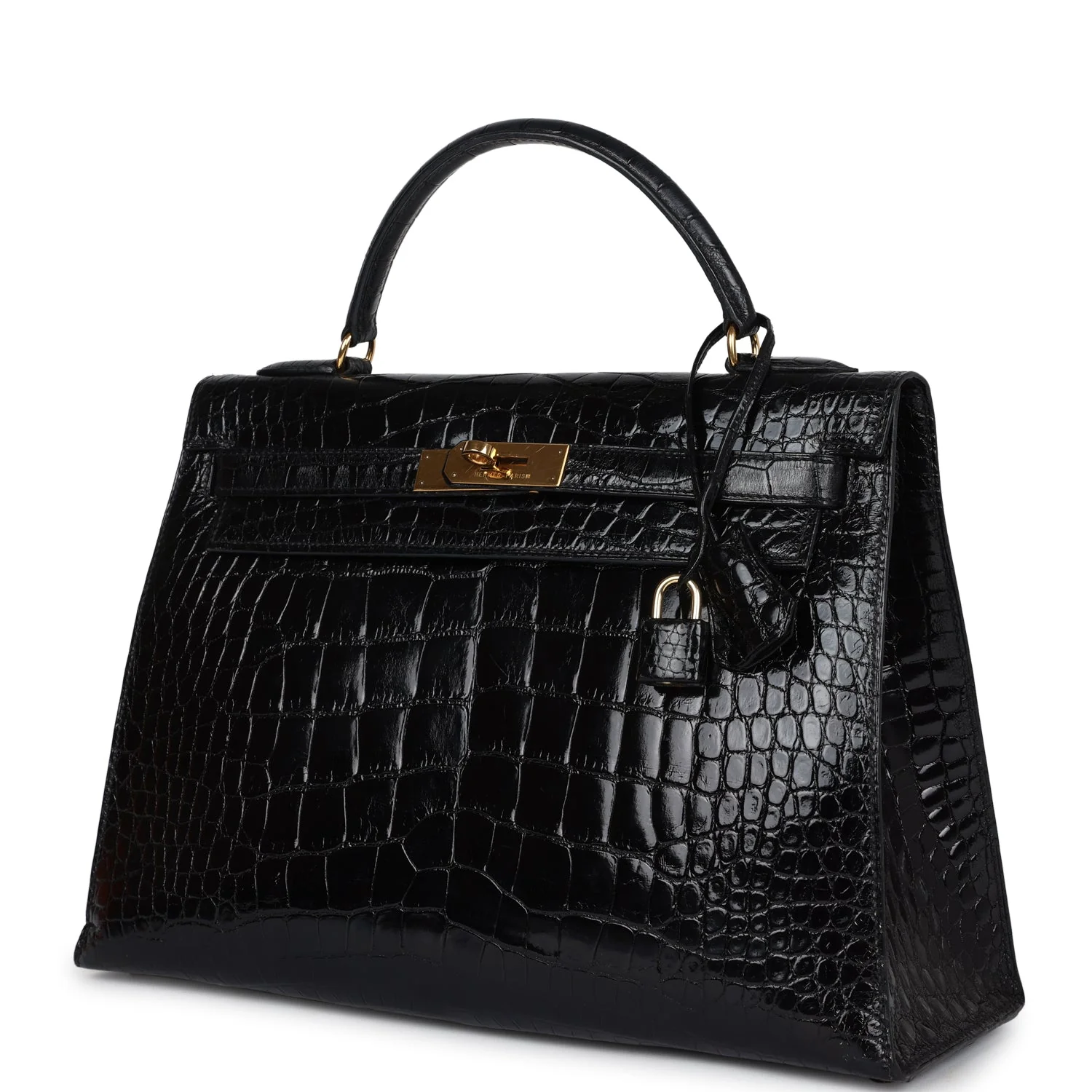 Replicate Vintage Hermes Kelly Sellier 32 Black Shiny Alligator Gold Hardware(1:1 replica)