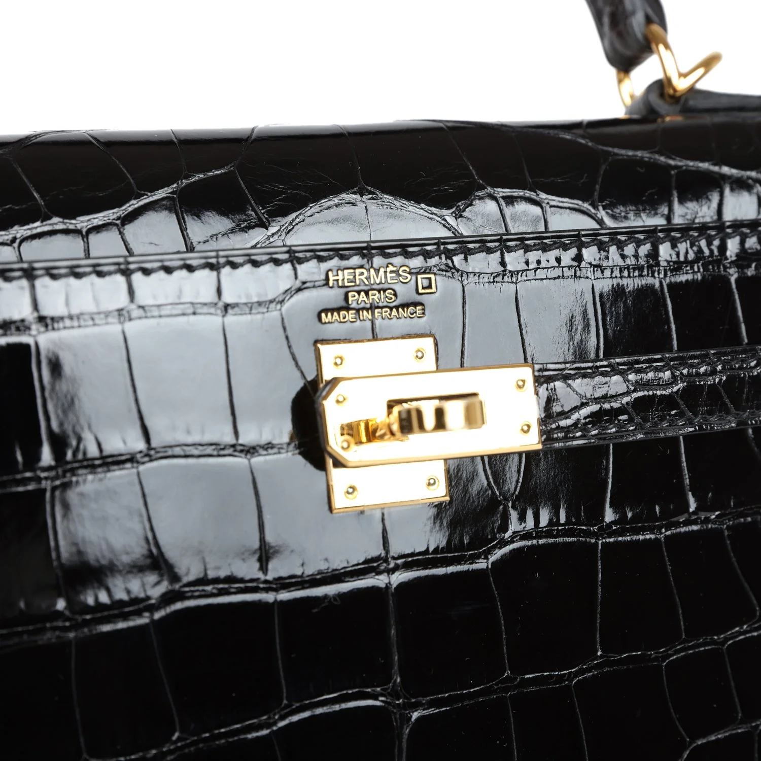 Replicate Hermes Kelly Sellier 25 Black Shiny Alligator Gold Hardware(1:1 replica)