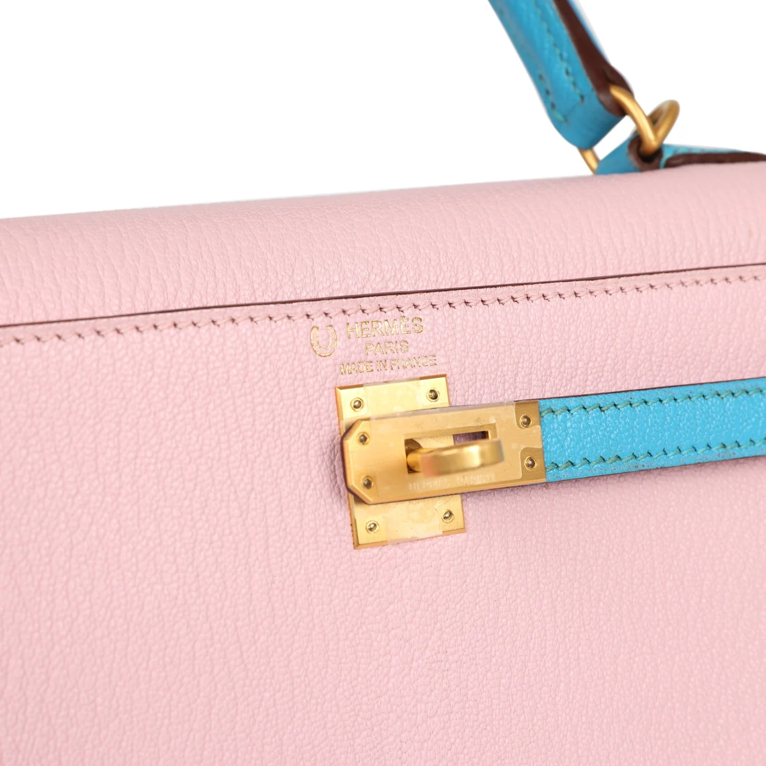 Replicate Hermes Special Order (HSS) Kelly Sellier 25 Rose Sakura and Bleu Aztec Chevre Brushed Gold Hardware(1:1 replica)