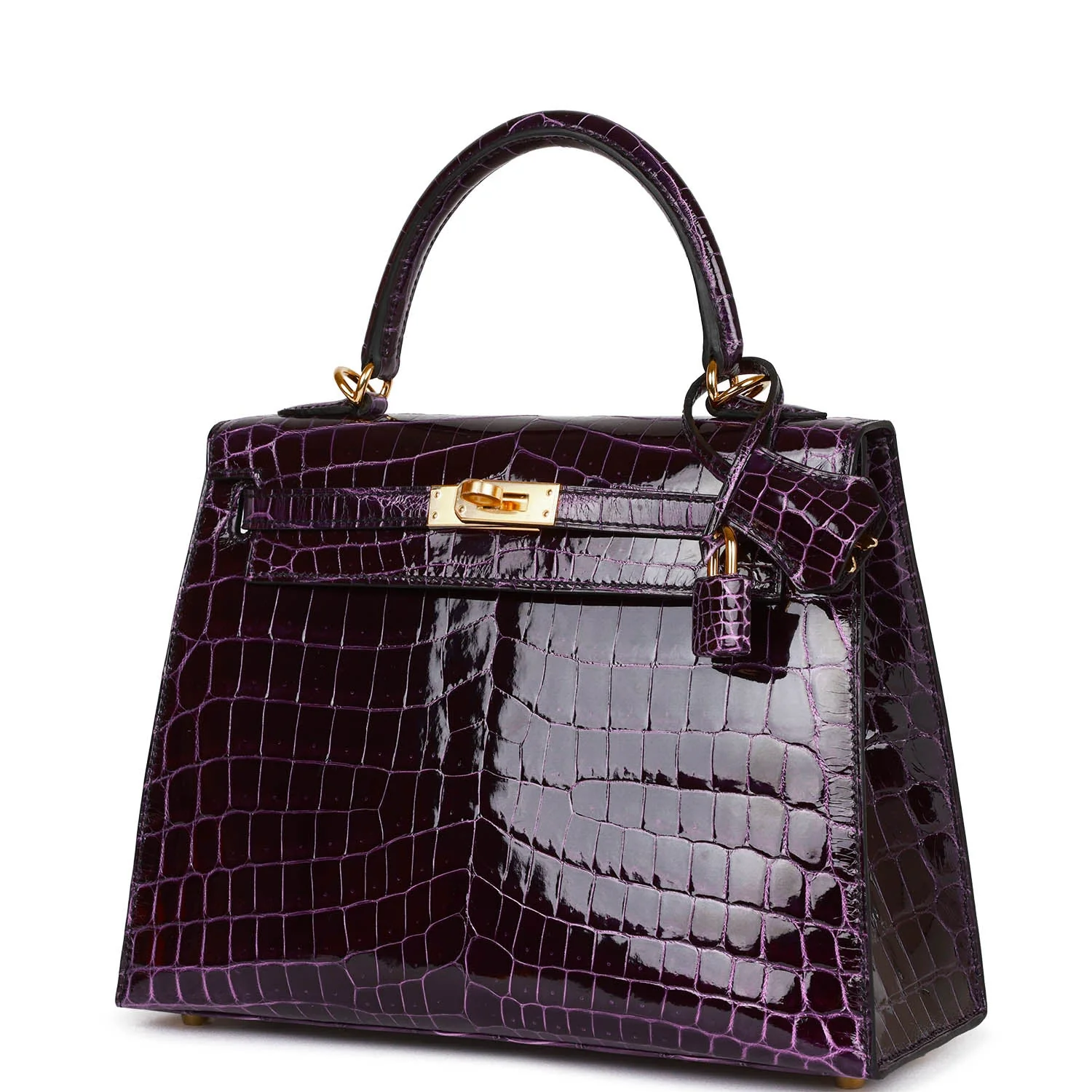Replicate Hermes Kelly Sellier 25 Aubergine Shiny Niloticus Crocodile Gold Hardware(1:1 replica)