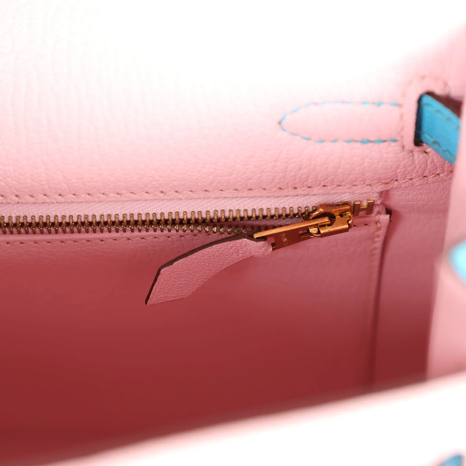 Replicate Hermes Special Order (HSS) Kelly Sellier 25 Rose Sakura and Bleu Aztec Chevre Brushed Gold Hardware(1:1 replica)