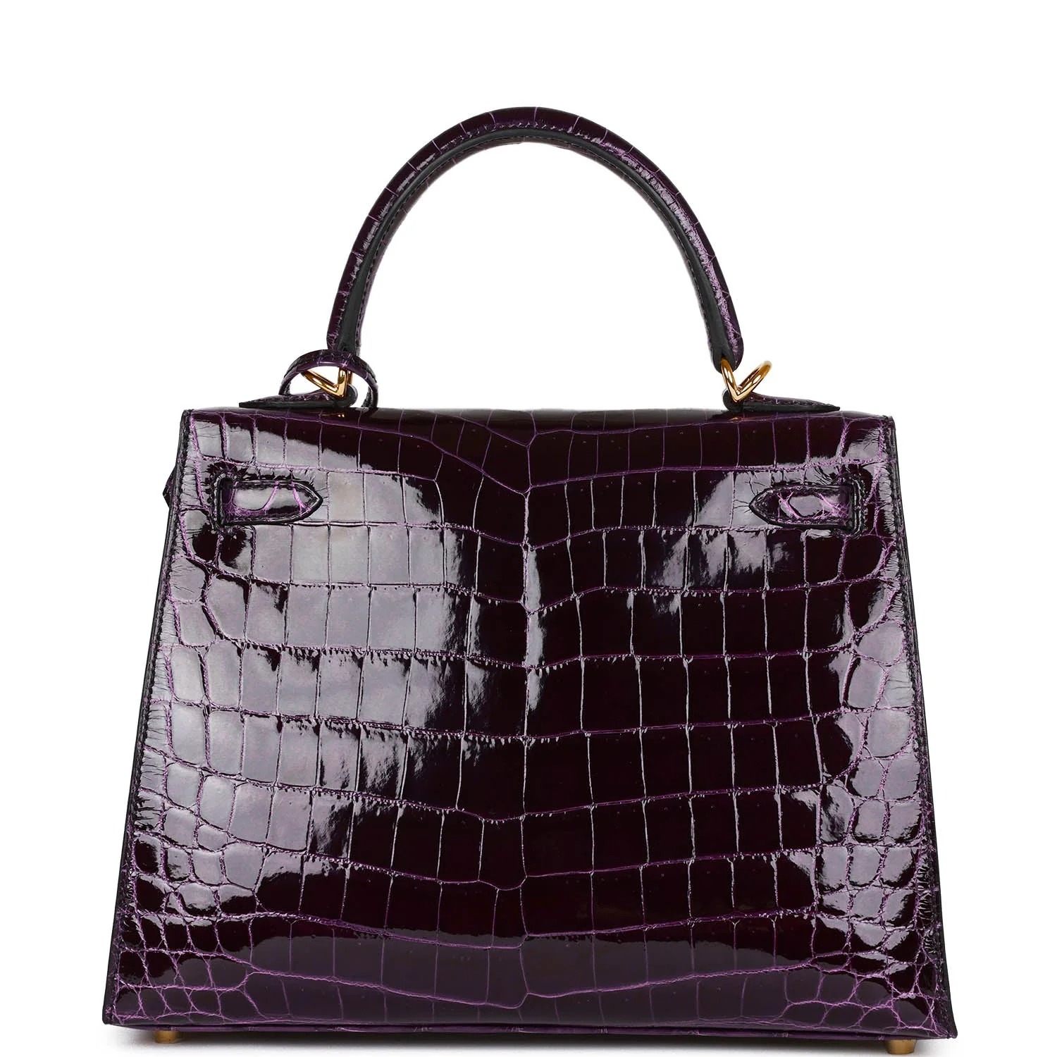Replicate Hermes Kelly Sellier 25 Aubergine Shiny Niloticus Crocodile Gold Hardware(1:1 replica)