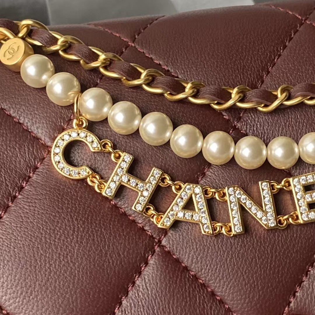 Replicate Chanel AS4986 Mini Flap bag Shiny Lambskin Imitation Pearls   Gold-Tone Metal Wine Red(1:1 replica)