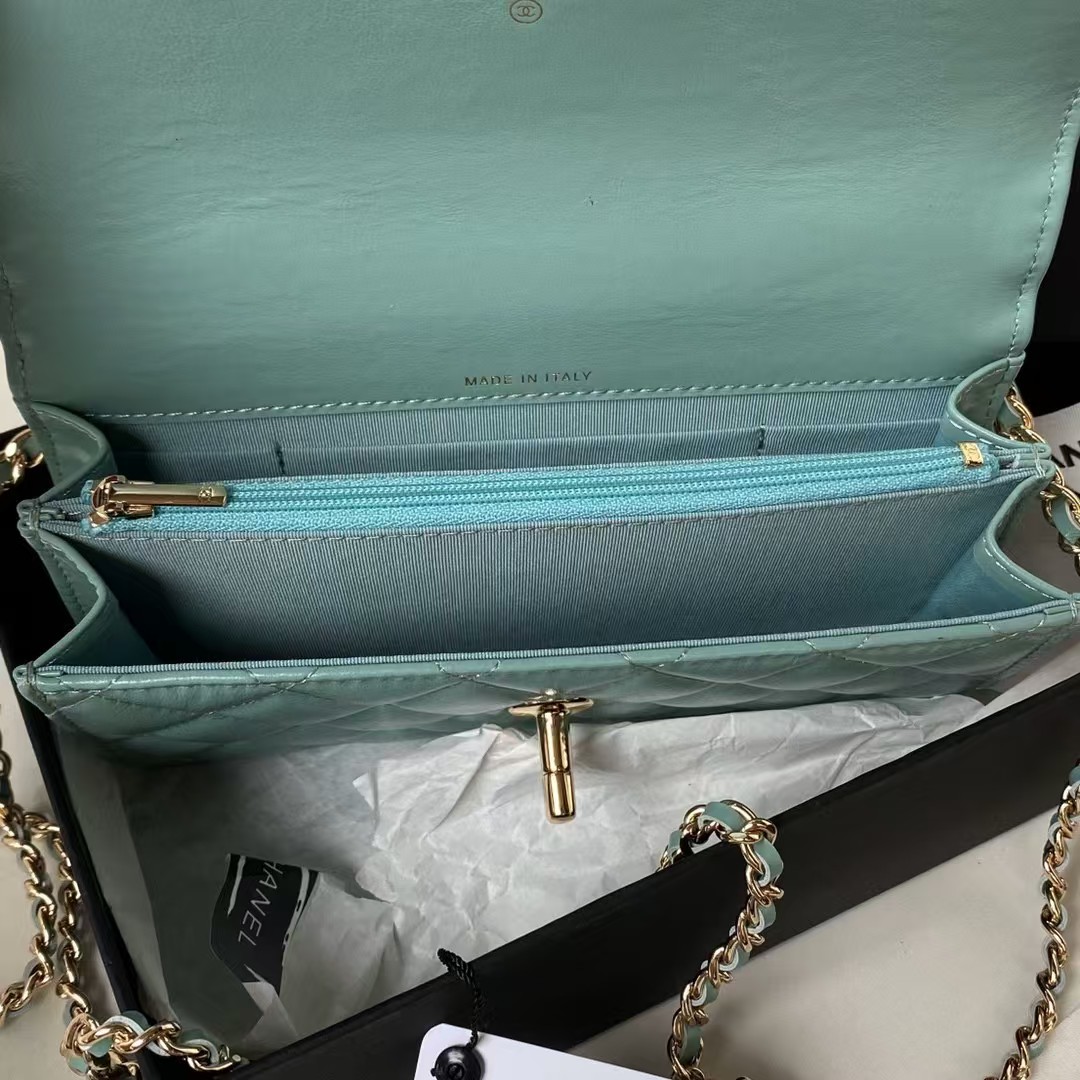 Replicate Chanel 24P AP3803 Shiny Crinkled Lambskin Chain Clutch Pearl Handle Green(1:1 replica)