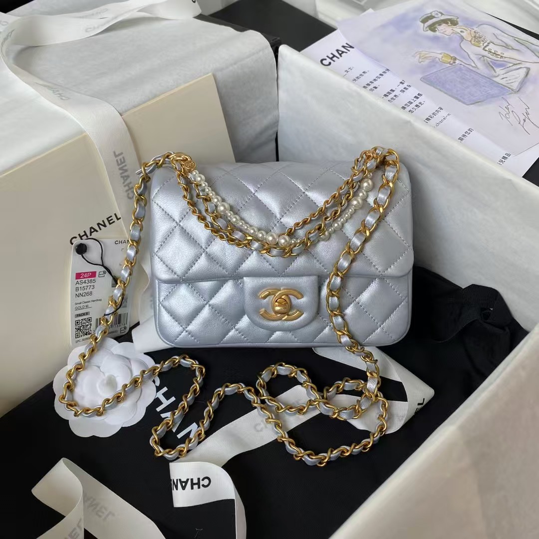 Replicate Chanel AS4385 Mini Flap Bag Pearl Lambskin Faux Pearl Gold Metal Grey(1:1 replica)