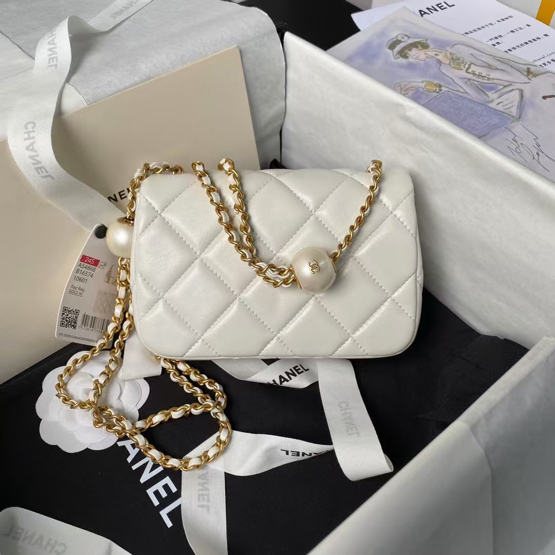 Replicate Chanel AS4868 Mini Flap Bag Pearl Lambskin Faux Pearl Gold Metal White(1:1 replica)
