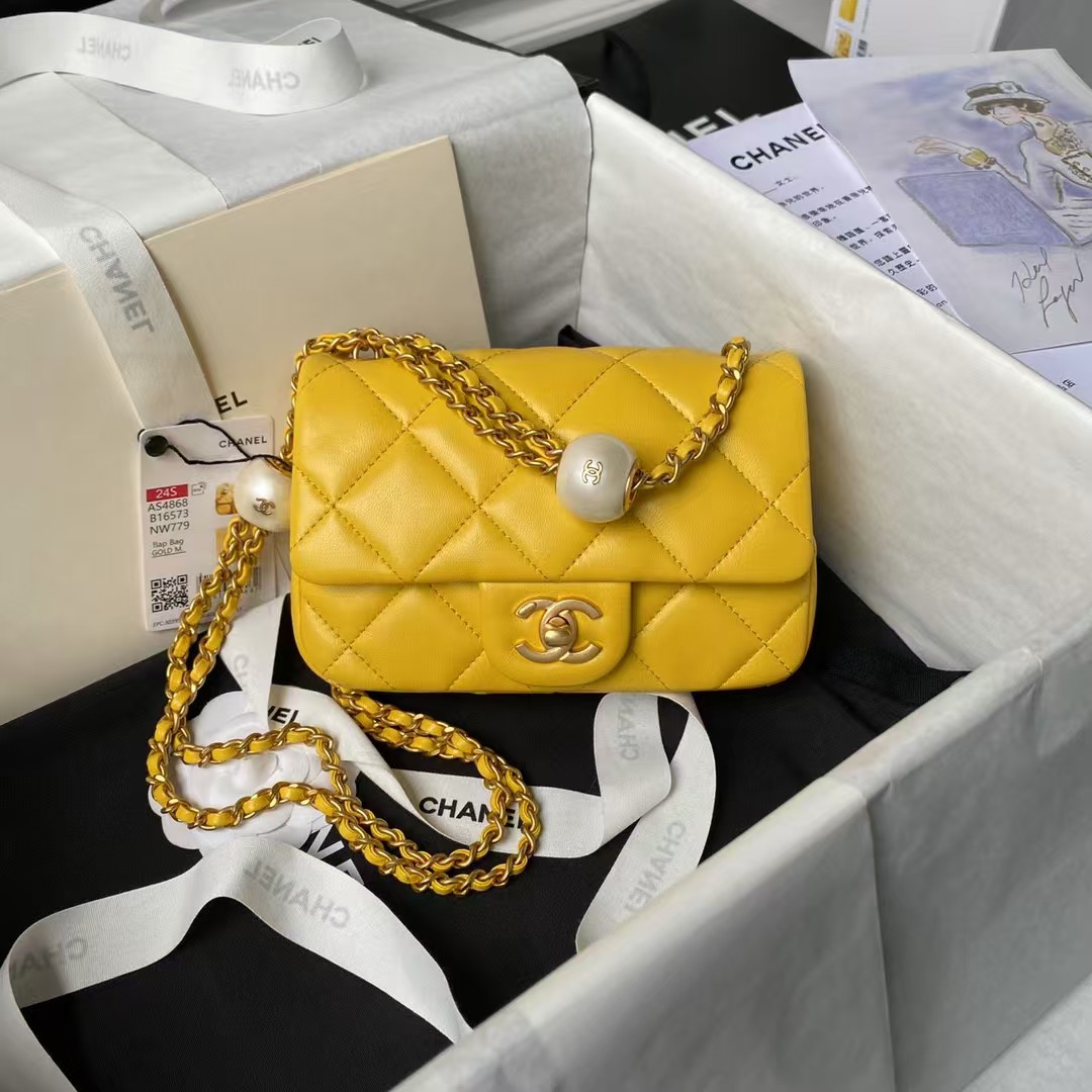 Replicate Chanel AS4868 Mini Flap Bag Pearl Lambskin Faux Pearl Gold Metal Yellow(1:1 replica)