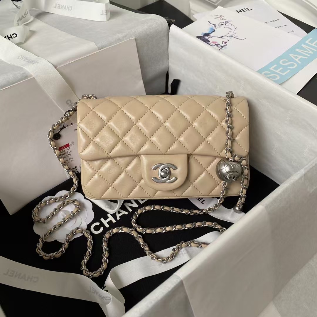 Replicate Chanel 23K AS1787 Mini Pearl Embossed Rectangular Flap Bag Lambskin Brushed Silver Metal Hardware Apricot(1:1 replica)