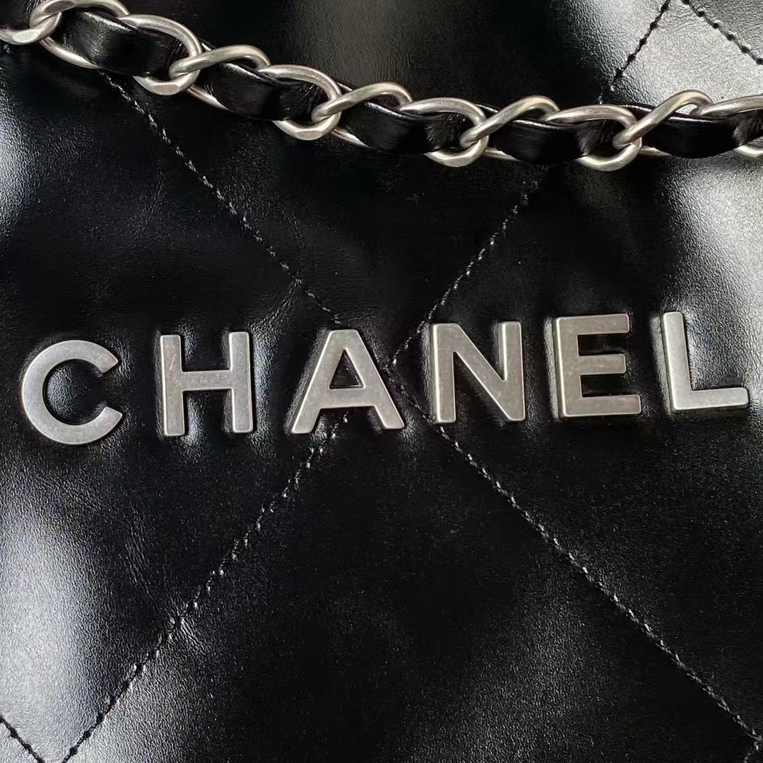 Replicate Chanel 22 Hobo Bag 24C AS4486 Silver Metallic Black Shiny Calfskin New Edition Horizontal(1:1 replica)