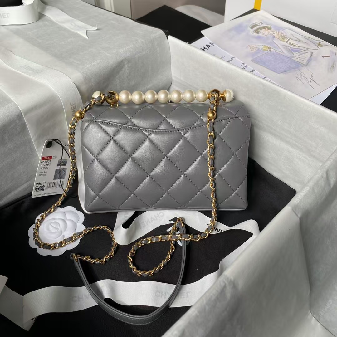 Replicate Chanel AS5001 Mini Flap Bag Top Handle Shiny Lambskin Imitation Pearl Gold Metallic Grey(1:1 replica)