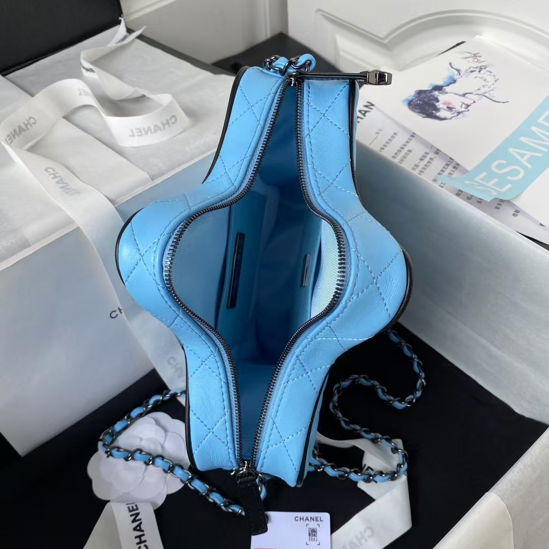Replicate Chanel 24C AS4579 Star Bag Sky Blue and Black Satin Black Metal Hardware(1:1 replica)