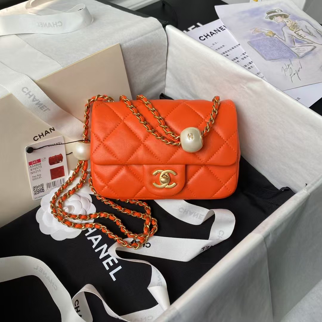 Replicate Chanel AS4868 Mini Flap Bag Pearl Lambskin Faux Pearl Gold Metal Orange(1:1 replica)