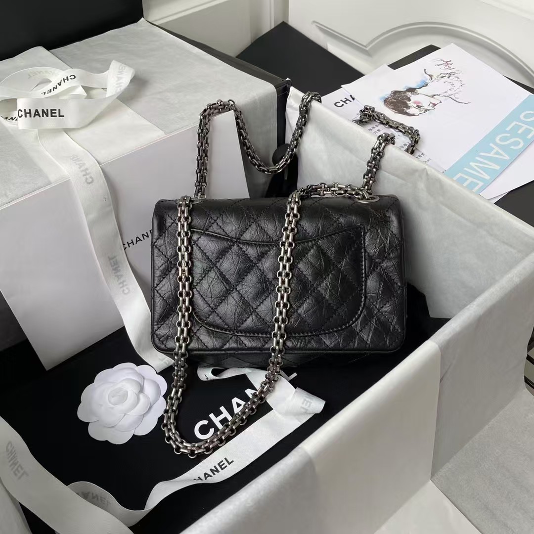 Replicate Chanel 23A Classic Mini 2.55 Flap Bag Black Distressed Calfskin Ruthenium Hardware(1:1 replica)