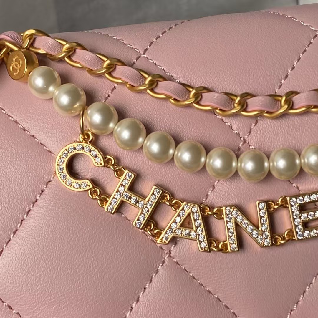 Replicate Chanel AS4986 Mini Flap bag Shiny Lambskin Imitation Pearls   Gold-Tone Metal Pink(1:1 replica)