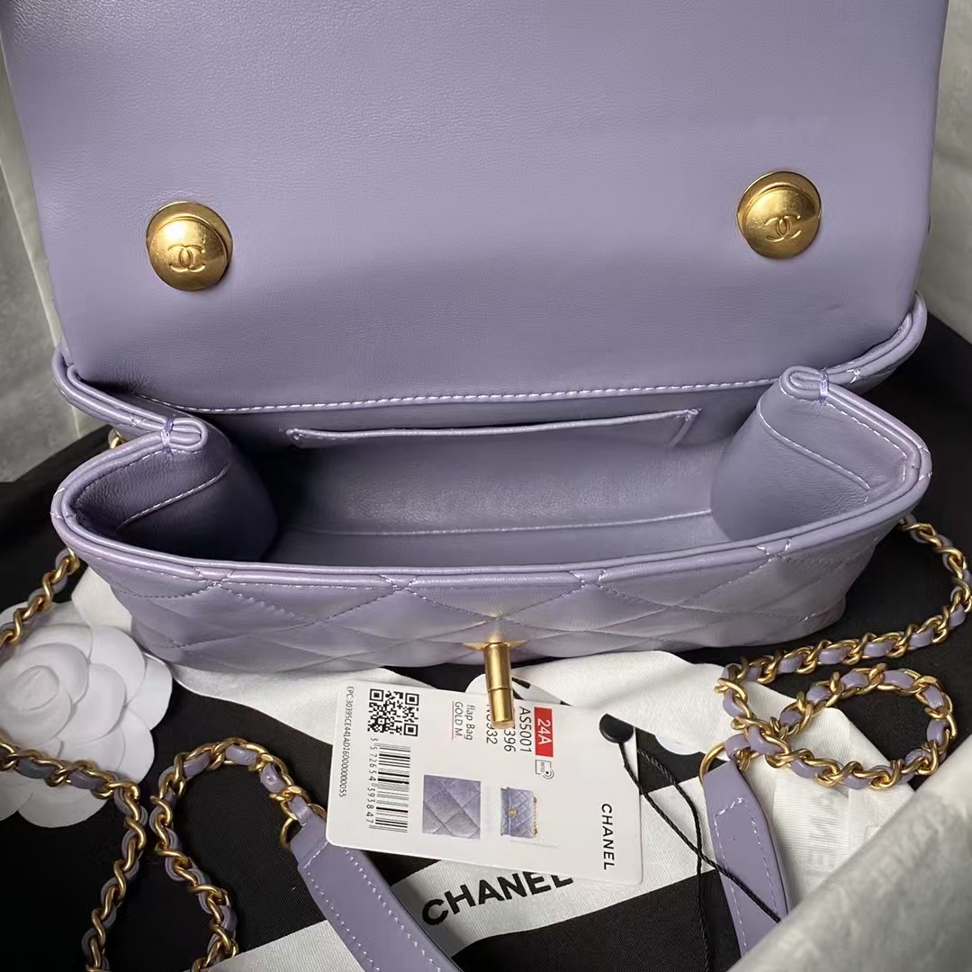 Replicate Chanel AS5001 Mini Flap Bag Top Handle Shiny Lambskin Faux Pearl   Gold Metallic Purple(1:1 replica)