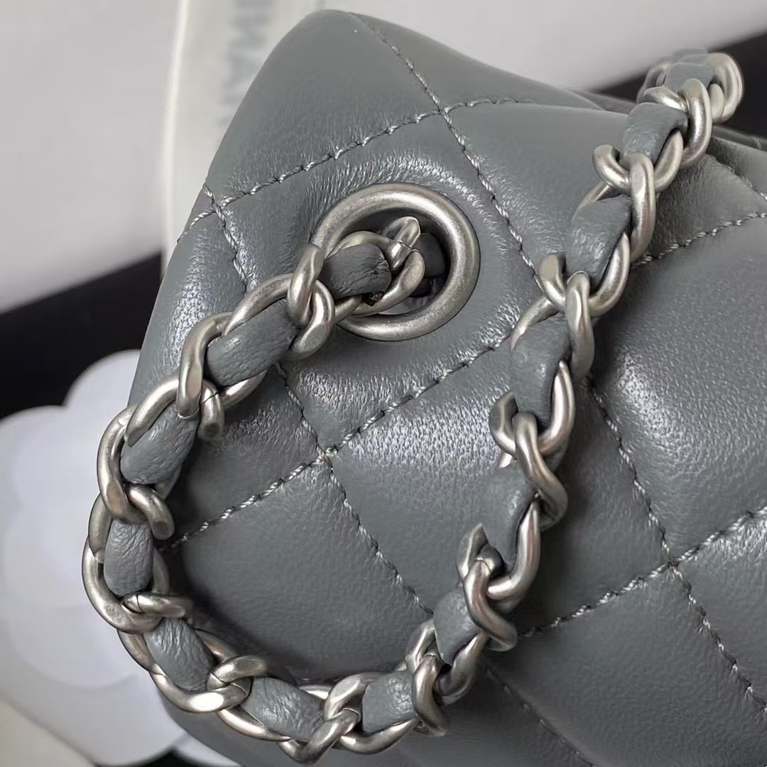 Replicate Chanel 23C AS1786 Mini Square Pearl Embossed Flap Bag Antique Silver Hardware Dark Grey(1:1 replica)