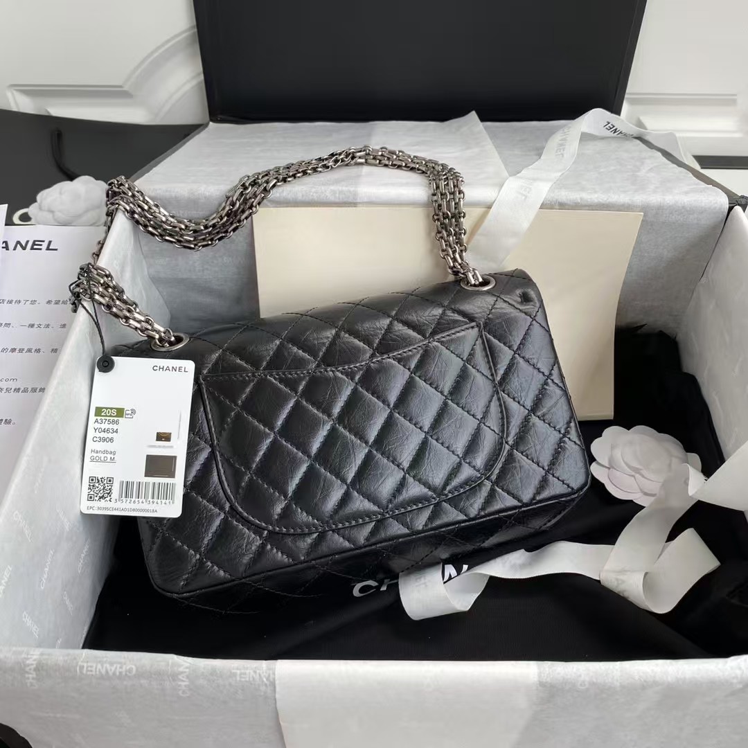 Replicate Chanel 23A Classic Medium 2.55 Flap Bag Black Distressed Calfskin Ruthenium Hardware(1:1 replica)