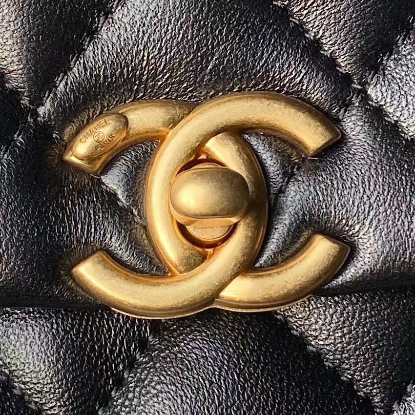 Replicate Chanel AS4997 Flap Bag with top Handle Shiny Lambskin Imitation Pearls   Gold-Tone Metal Black(1:1 replica)