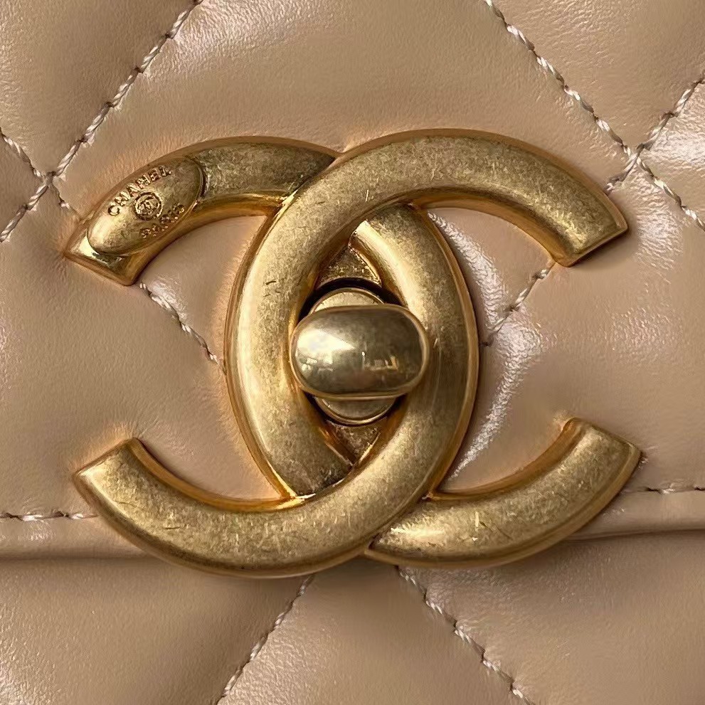 Replicate Chanel AS2649 Chain Bag With Gold Charm Small Vintage Calfskin Bag Beige(1:1 replica)