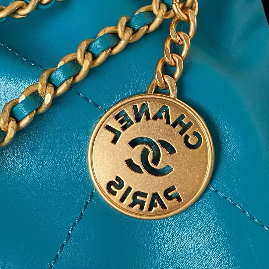 Replicate Chanel 22 AS3980 Mini Tote Shiny Calfskin   Gold-Tone Metal Lake Blue(1:1 replica)