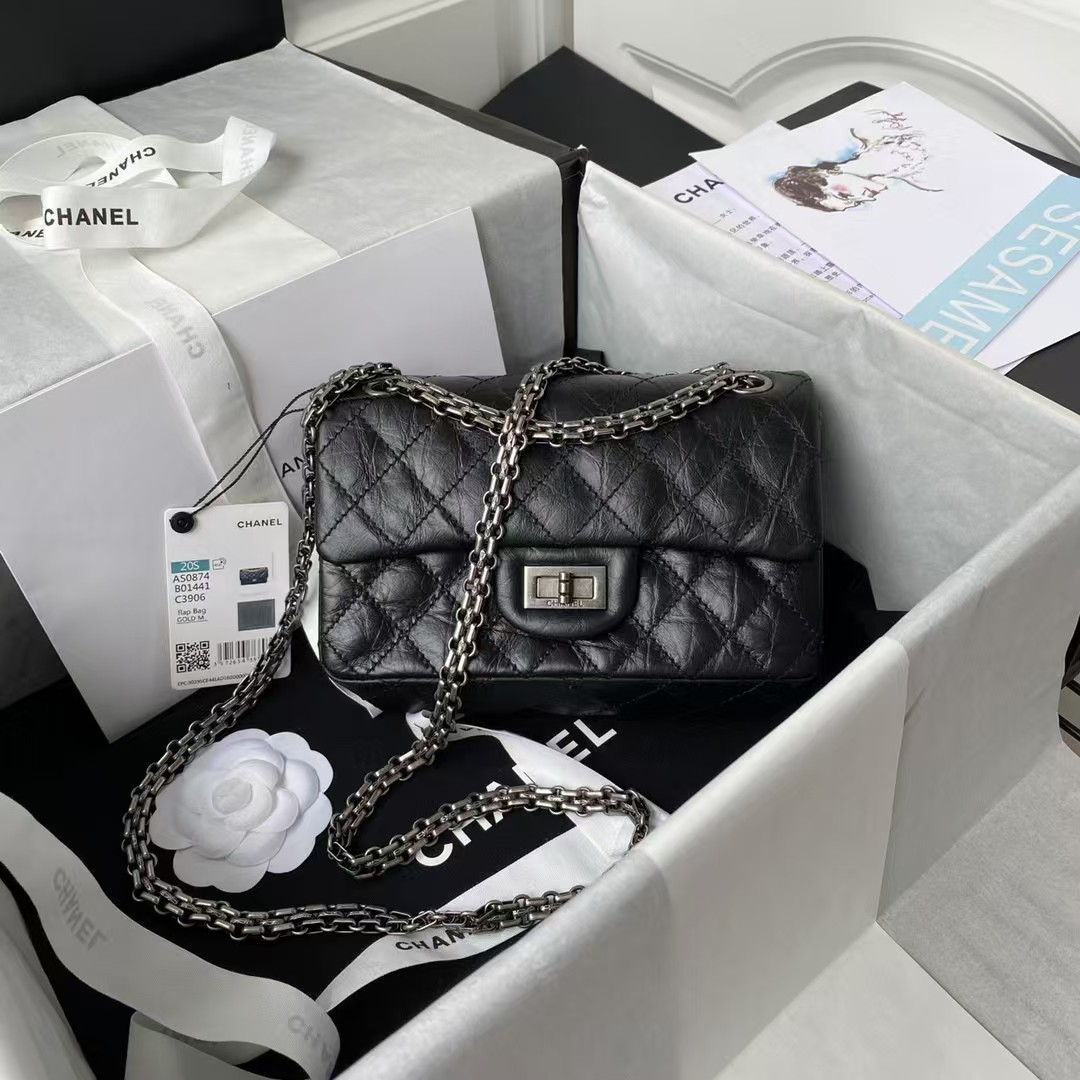 Replicate Chanel 23A Classic Mini 2.55 Flap Bag Black Distressed Calfskin Ruthenium Hardware(1:1 replica)