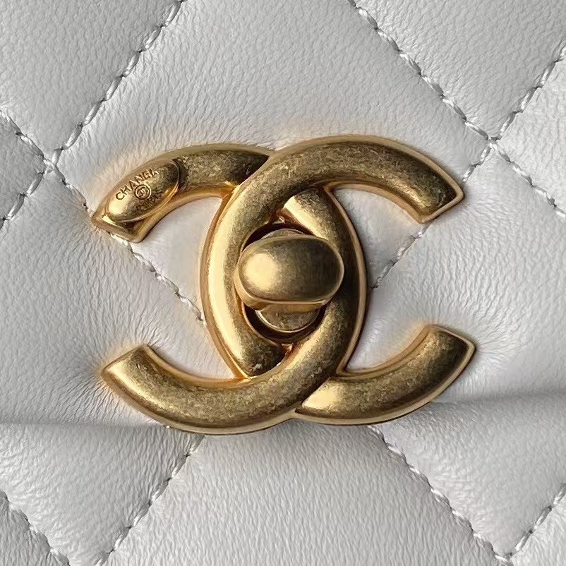 Replicate Chanel AS4997 Flap Bag Top Handle Shiny Lambskin Imitation Pearl   Gold Metal White(1:1 replica)